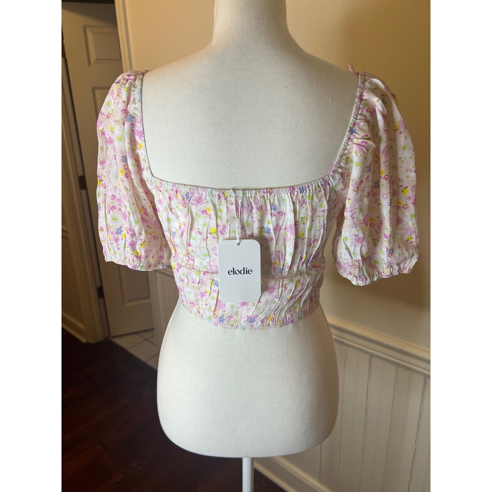 Elodie Floral Puff Sleeve Crop Top Sweetheart Neck Cottagecore Pink White NWT XS - Picture 5 of 8